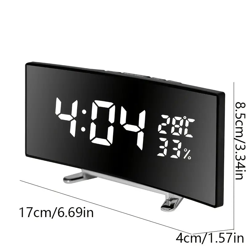 Curved LED Digital Alarm Clock with Temperature & Humidity Display – Modern Mirror Design