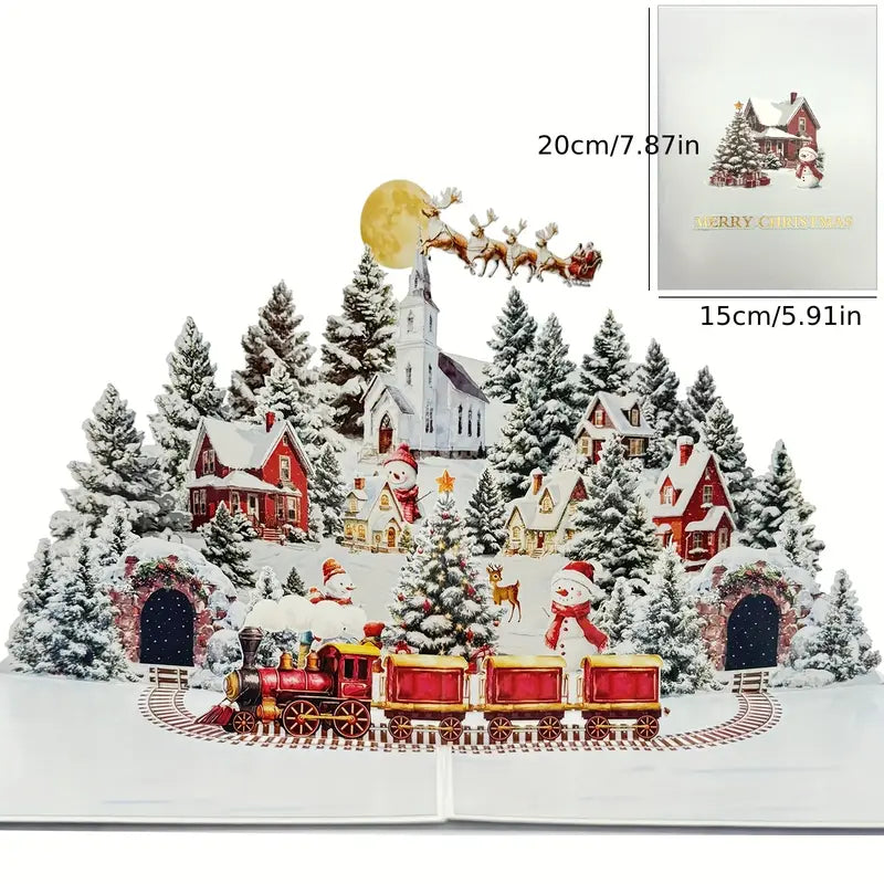 3D Pop-Up Christmas Card – Snowy Village Scene with Train & LED Lights