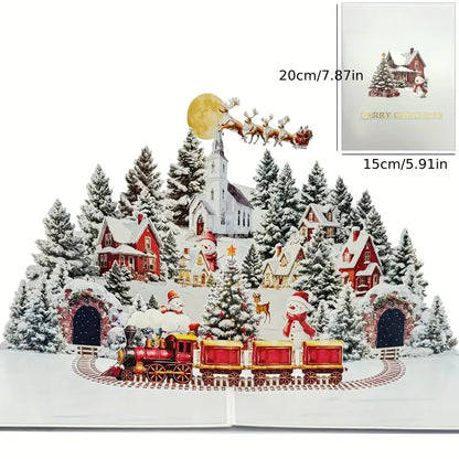 3D Pop-Up Christmas Card – Snowy Village Scene with Train & LED Lights