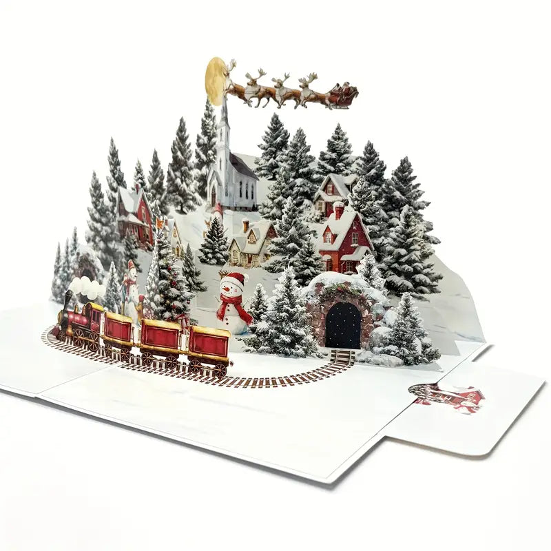 3D Pop-Up Christmas Card – Snowy Village Scene with Train & LED Lights