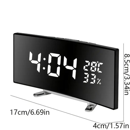 Curved LED Digital Alarm Clock with Temperature & Humidity Display – Modern Mirror Design