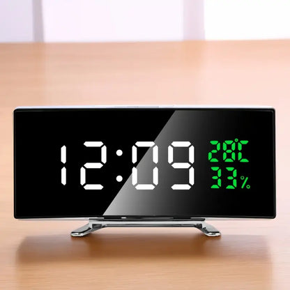 Curved LED Digital Alarm Clock with Temperature & Humidity Display – Modern Mirror Design