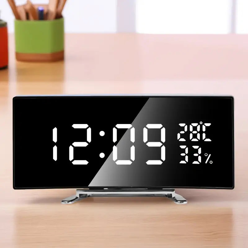 Curved LED Digital Alarm Clock with Temperature & Humidity Display – Modern Mirror Design
