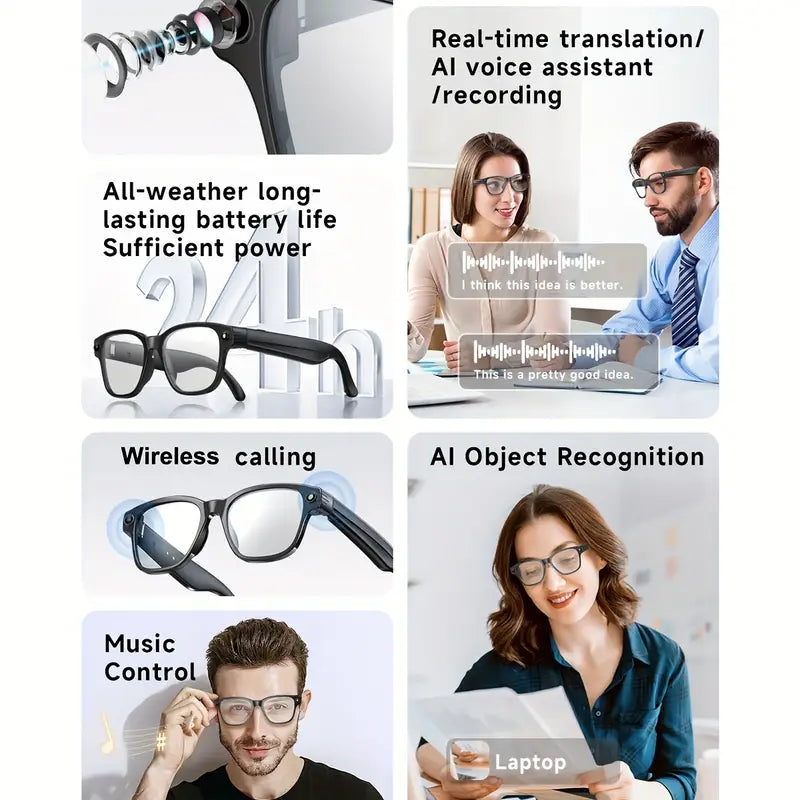 Smart Wireless Glasses – Bluetooth 5.3, HD Camera, AI Voice Assistant, Noise Reduction, Long Battery Life