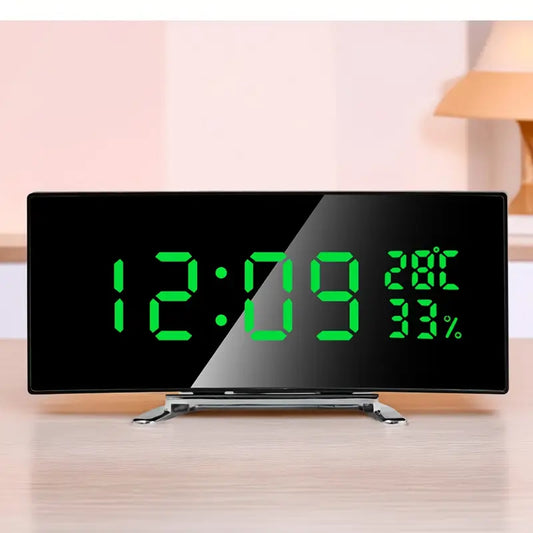 Curved LED Digital Alarm Clock with Temperature & Humidity Display – Modern Mirror Design