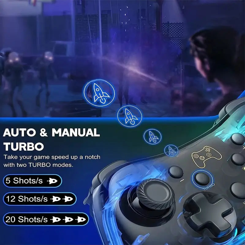 Transparent Wireless Game Controller – Cool RGB Breathing Light, Dual-Vibration, 6-Axis Gyro Gamepad for Switch/OLED/Lite/PC/iOS