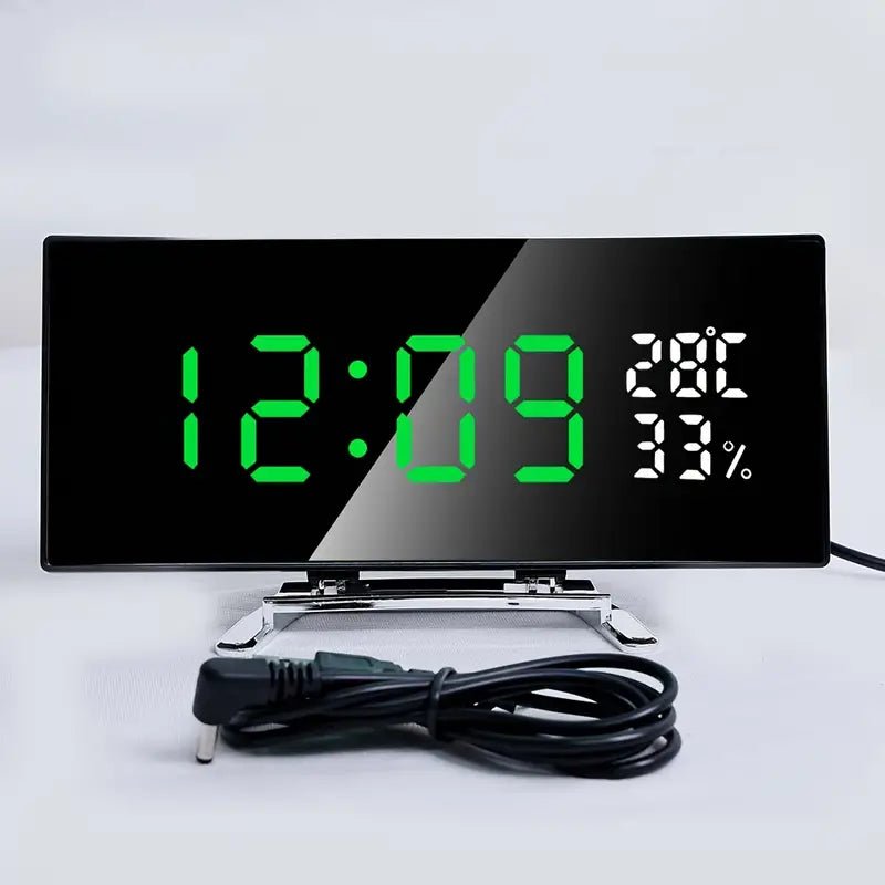 Curved LED Digital Alarm Clock with Temperature & Humidity Display – Modern Mirror Design