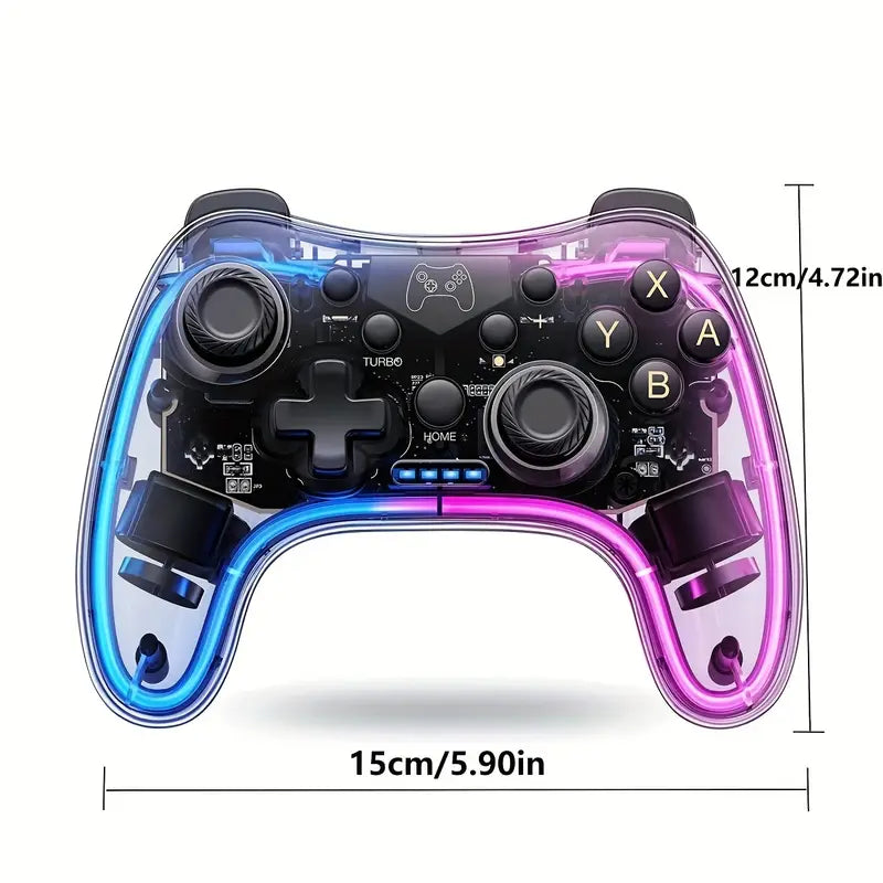 Transparent Wireless Game Controller – Cool RGB Breathing Light, Dual-Vibration, 6-Axis Gyro Gamepad for Switch/OLED/Lite/PC/iOS