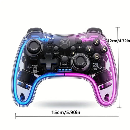 Transparent Wireless Game Controller – Cool RGB Breathing Light, Dual-Vibration, 6-Axis Gyro Gamepad for Switch/OLED/Lite/PC/iOS