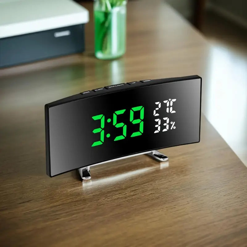 Curved LED Digital Alarm Clock with Temperature & Humidity Display – Modern Mirror Design