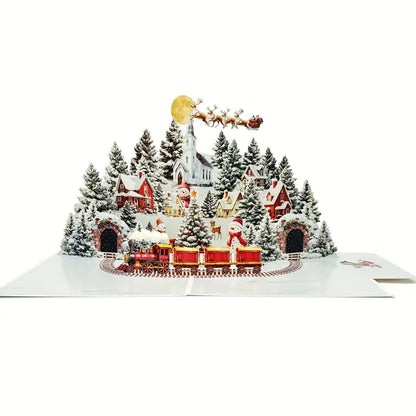 3D Pop-Up Christmas Card – Snowy Village Scene with Train & LED Lights