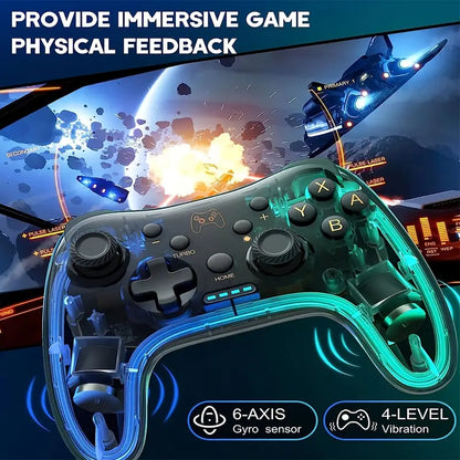 Transparent Wireless Game Controller – Cool RGB Breathing Light, Dual-Vibration, 6-Axis Gyro Gamepad for Switch/OLED/Lite/PC/iOS