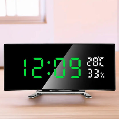 Curved LED Digital Alarm Clock with Temperature & Humidity Display – Modern Mirror Design