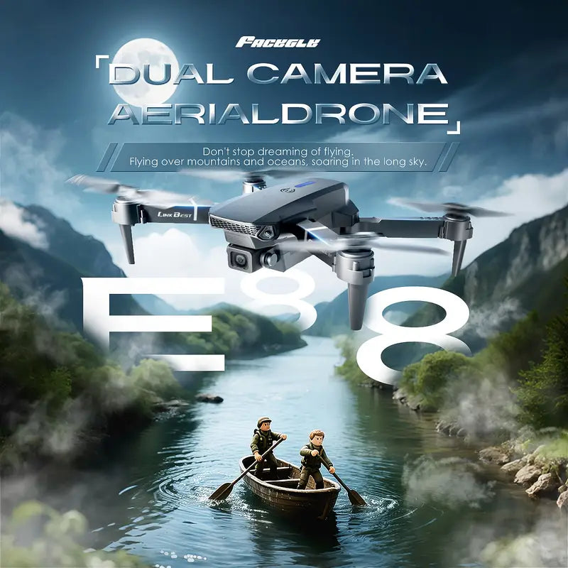 E88 Dual Camera Foldable Drone – HD Aerial Photography, LED Light, 360° Rotation, Portable Design