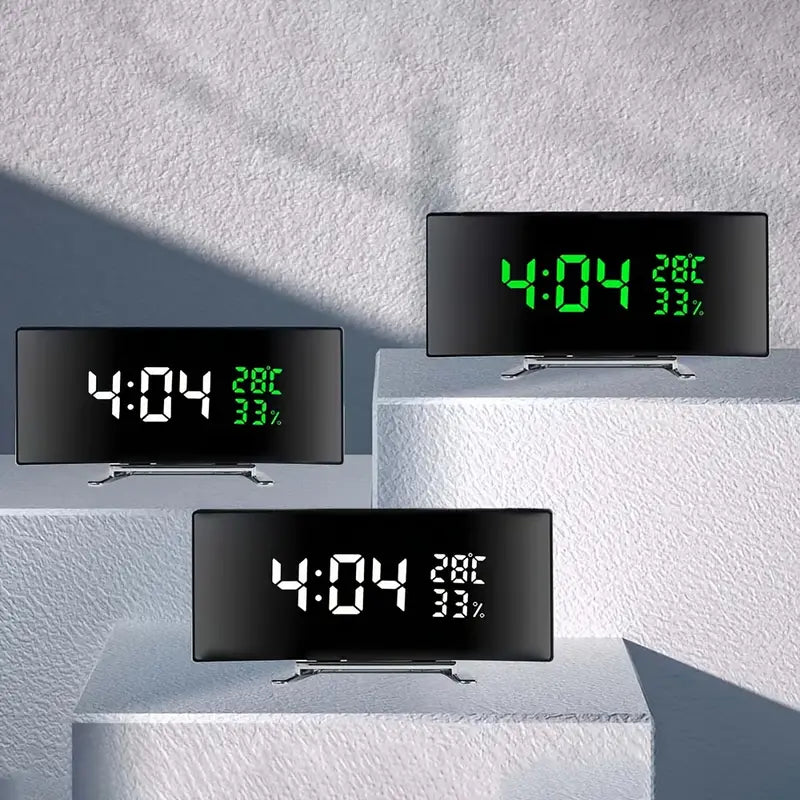 Curved LED Digital Alarm Clock with Temperature & Humidity Display – Modern Mirror Design