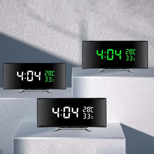 Curved LED Digital Alarm Clock with Temperature & Humidity Display – Modern Mirror Design