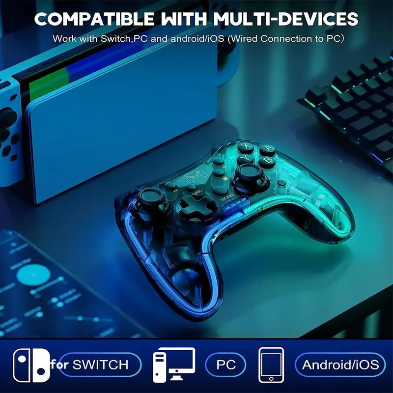 Transparent Wireless Game Controller – Cool RGB Breathing Light, Dual-Vibration, 6-Axis Gyro Gamepad for Switch/OLED/Lite/PC/iOS