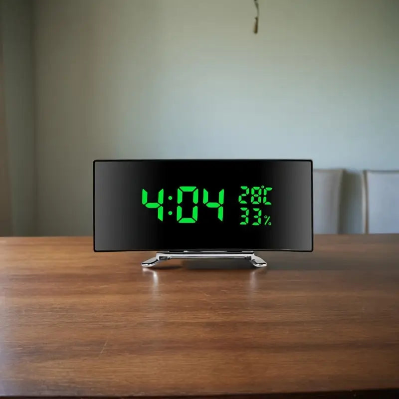 Curved LED Digital Alarm Clock with Temperature & Humidity Display – Modern Mirror Design