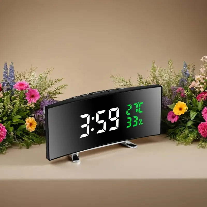 Curved LED Digital Alarm Clock with Temperature & Humidity Display – Modern Mirror Design
