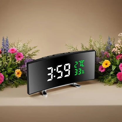Curved LED Digital Alarm Clock with Temperature & Humidity Display – Modern Mirror Design