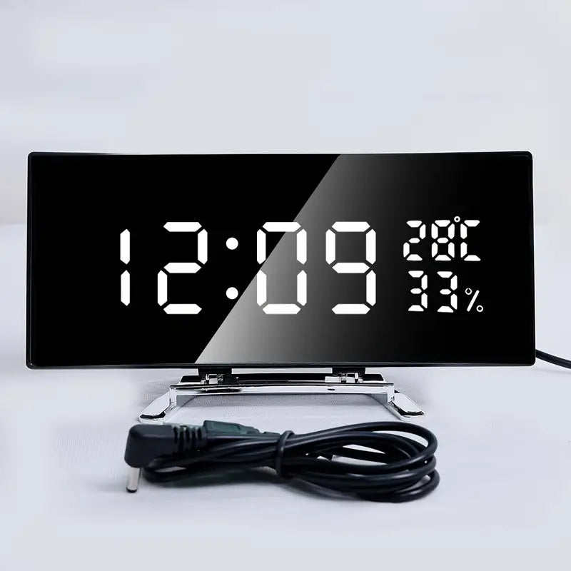 Curved LED Digital Alarm Clock with Temperature & Humidity Display – Modern Mirror Design
