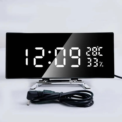 Curved LED Digital Alarm Clock with Temperature & Humidity Display – Modern Mirror Design