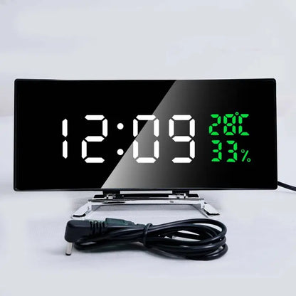 Curved LED Digital Alarm Clock with Temperature & Humidity Display – Modern Mirror Design