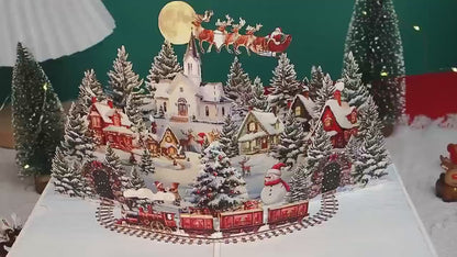 3D Pop-Up Christmas Card – Snowy Village Scene with Train & LED Lights